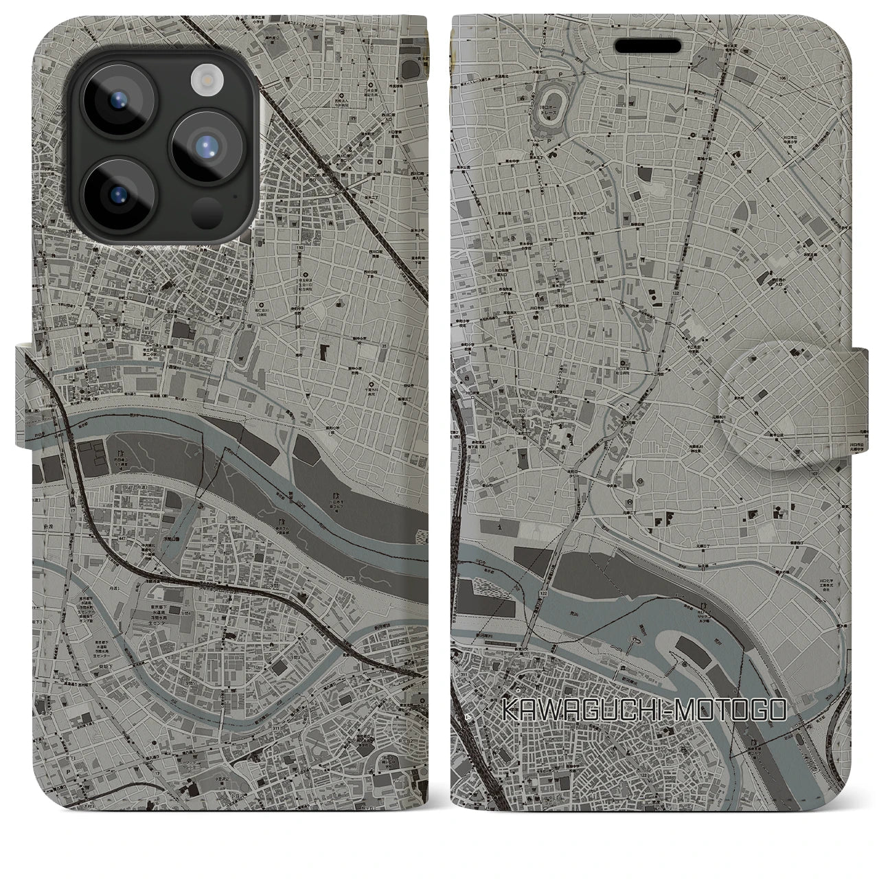 【川口元郷(埼玉県)】地図柄iPhoneケース(手帳タイプ)モノトーン・iPhone 15 Pro Max 用