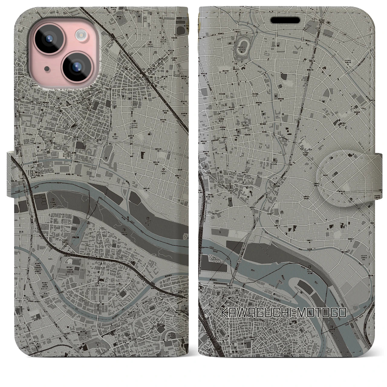 【川口元郷(埼玉県)】地図柄iPhoneケース(手帳タイプ)モノトーン・iPhone 15 Plus 用