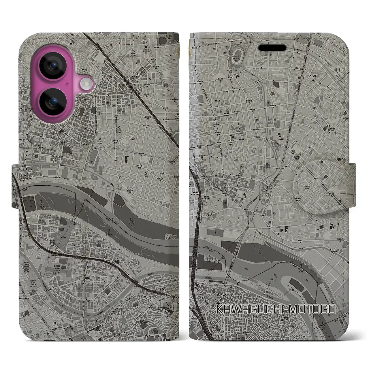 【川口元郷(埼玉県)】地図柄iPhoneケース(手帳タイプ)モノトーン・iPhone 16 Pro 用