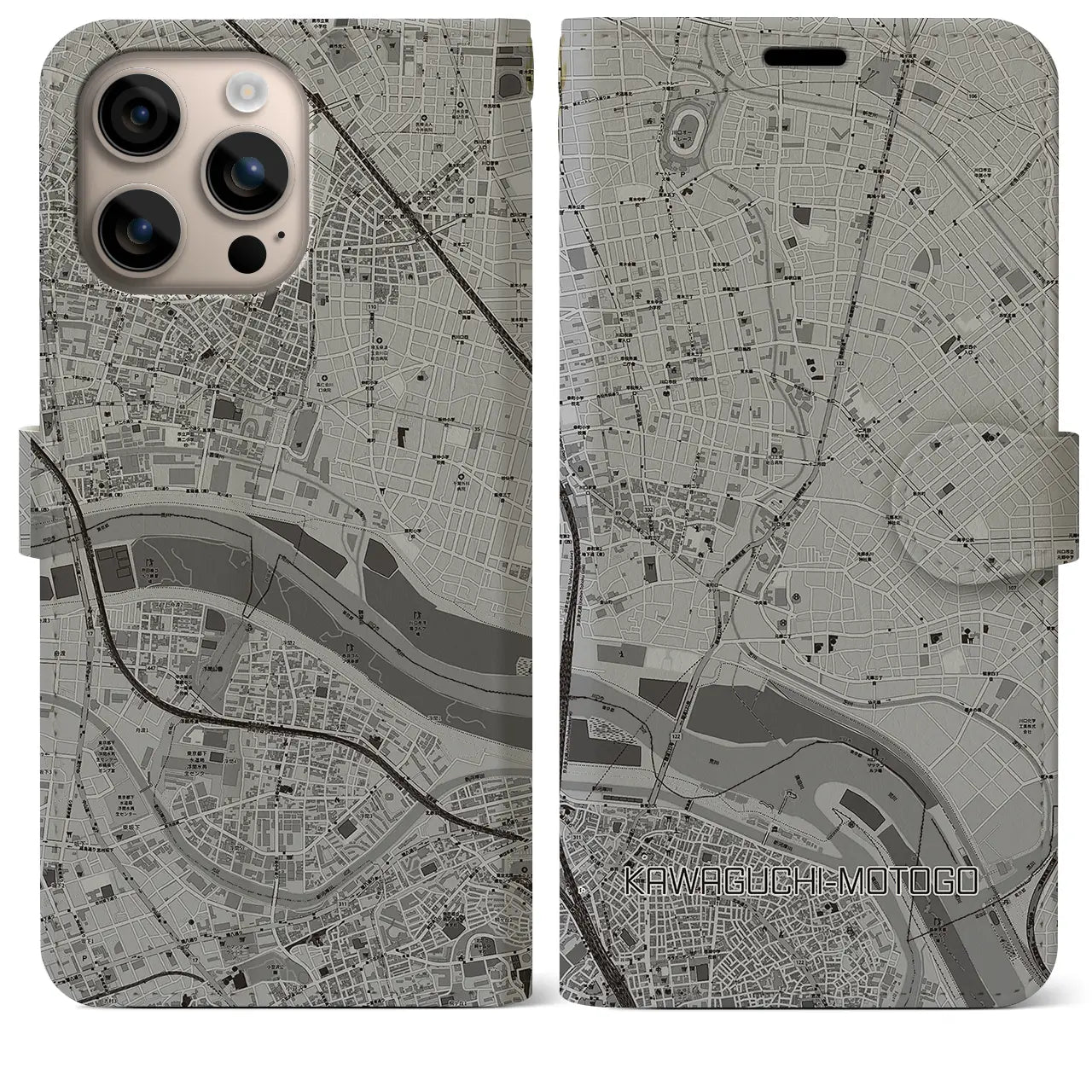 【川口元郷(埼玉県)】地図柄iPhoneケース(手帳タイプ)モノトーン・iPhone 16 Plus 用