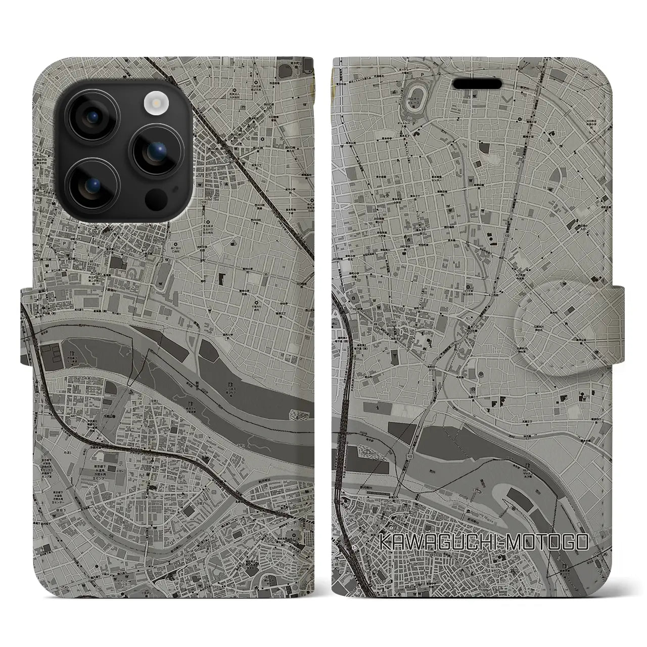 【川口元郷(埼玉県)】地図柄iPhoneケース(手帳タイプ)モノトーン・iPhone 16 用