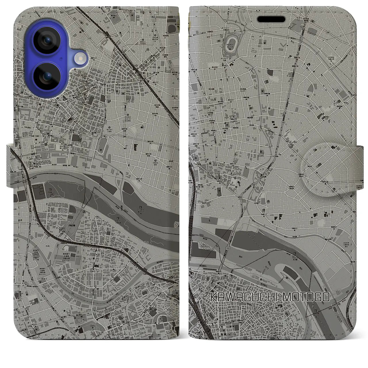 【川口元郷(埼玉県)】地図柄iPhoneケース(手帳タイプ)モノトーン・iPhone 16 Pro Max 用