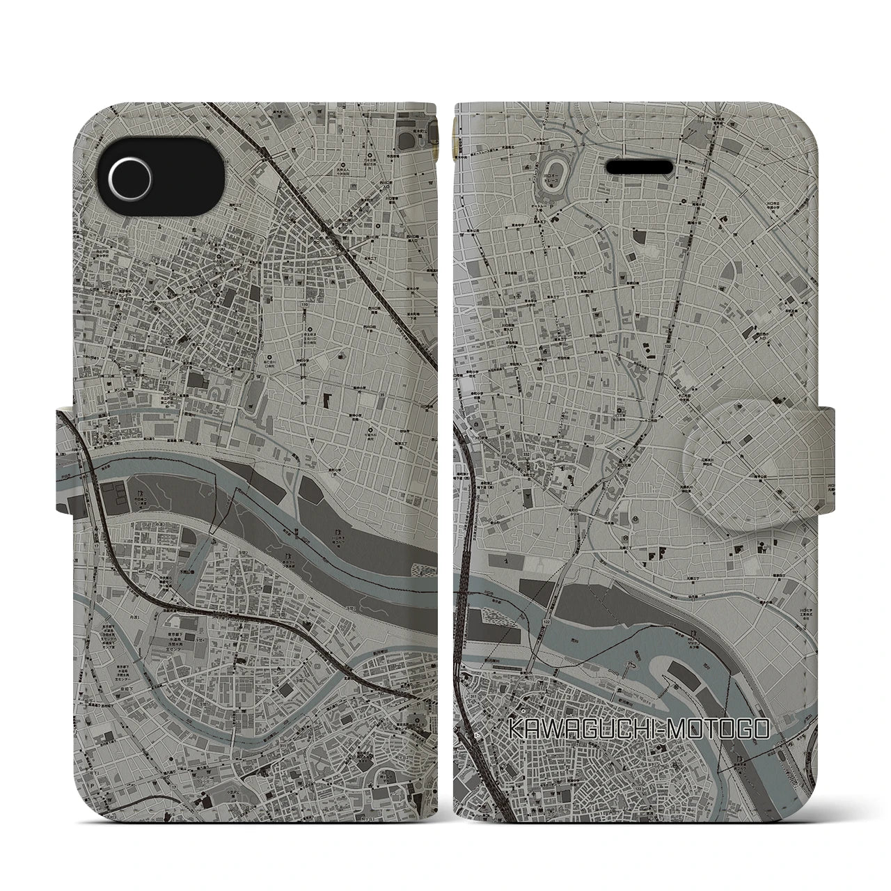 【川口元郷(埼玉県)】地図柄iPhoneケース(手帳タイプ)モノトーン・iPhone SE(第3 / 第2世代) / 8 / 7 / 6s / 6 用