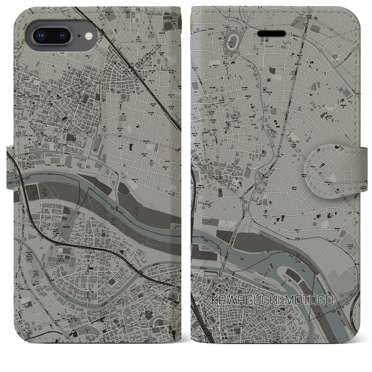 【川口元郷(埼玉県)】地図柄iPhoneケース(手帳タイプ)モノトーン・iPhone 8Plus /7Plus / 6sPlus / 6Plus 用