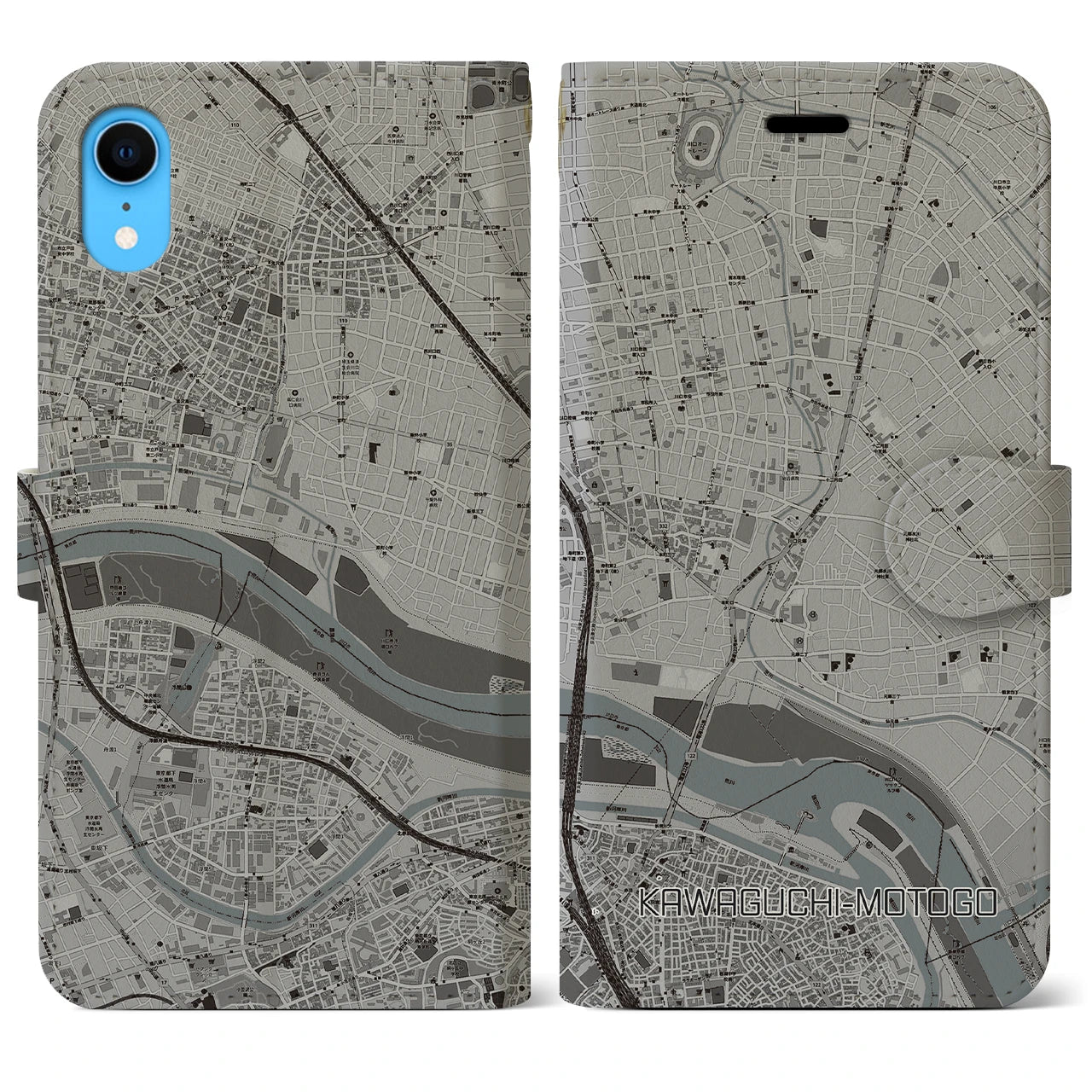 【川口元郷(埼玉県)】地図柄iPhoneケース(手帳タイプ)モノトーン・iPhone XR 用