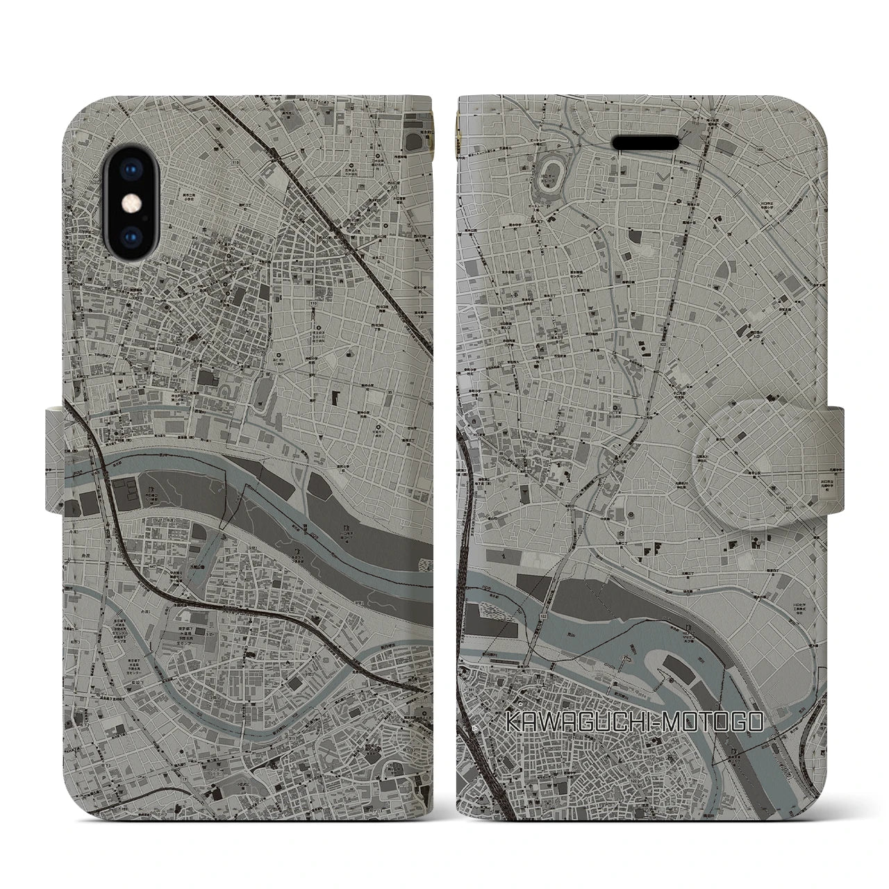 【川口元郷(埼玉県)】地図柄iPhoneケース(手帳タイプ)モノトーン・iPhone XS / X 用