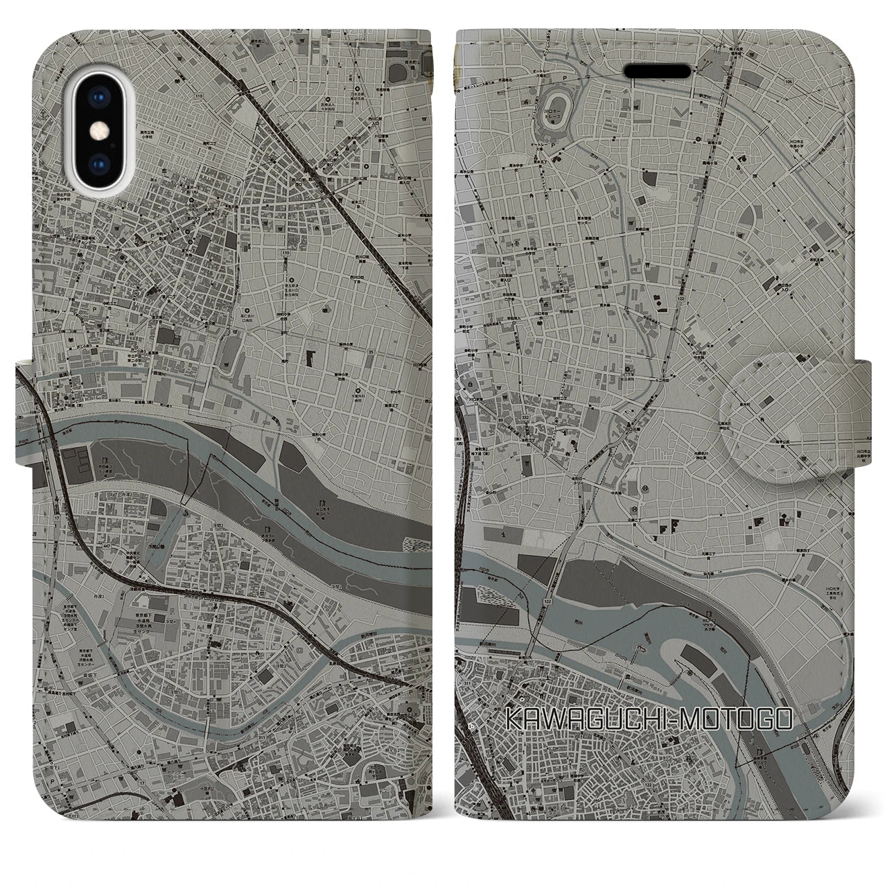 【川口元郷(埼玉県)】地図柄iPhoneケース(手帳タイプ)モノトーン・iPhone XS Max 用