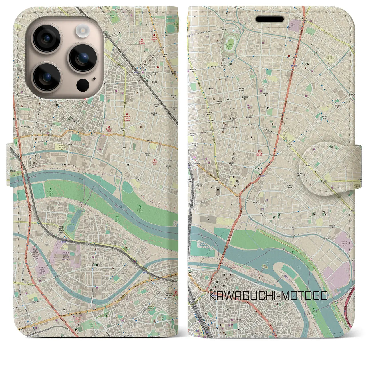 【川口元郷(埼玉県)】地図柄iPhoneケース(手帳タイプ)ナチュラル・iPhone 16 Plus 用