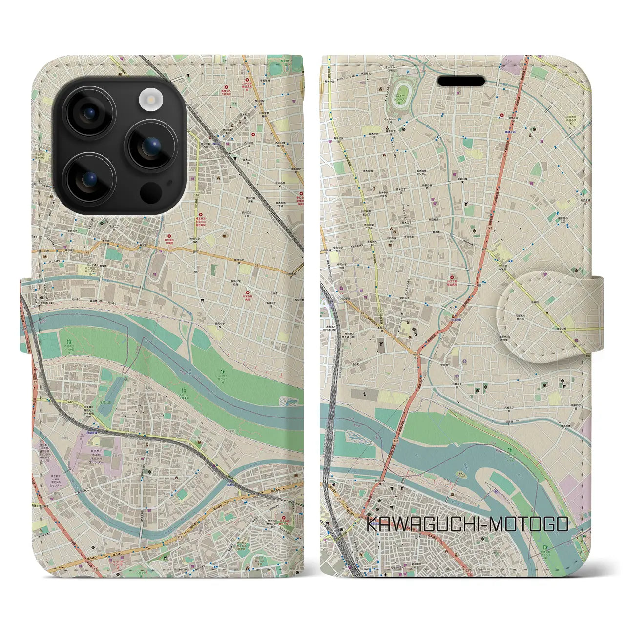 【川口元郷(埼玉県)】地図柄iPhoneケース(手帳タイプ)ナチュラル・iPhone 16 用