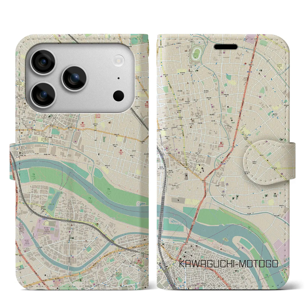 【川口元郷(埼玉県)】地図柄iPhoneケース(手帳タイプ)モノトーン・iPhone 17 Pro Max 用