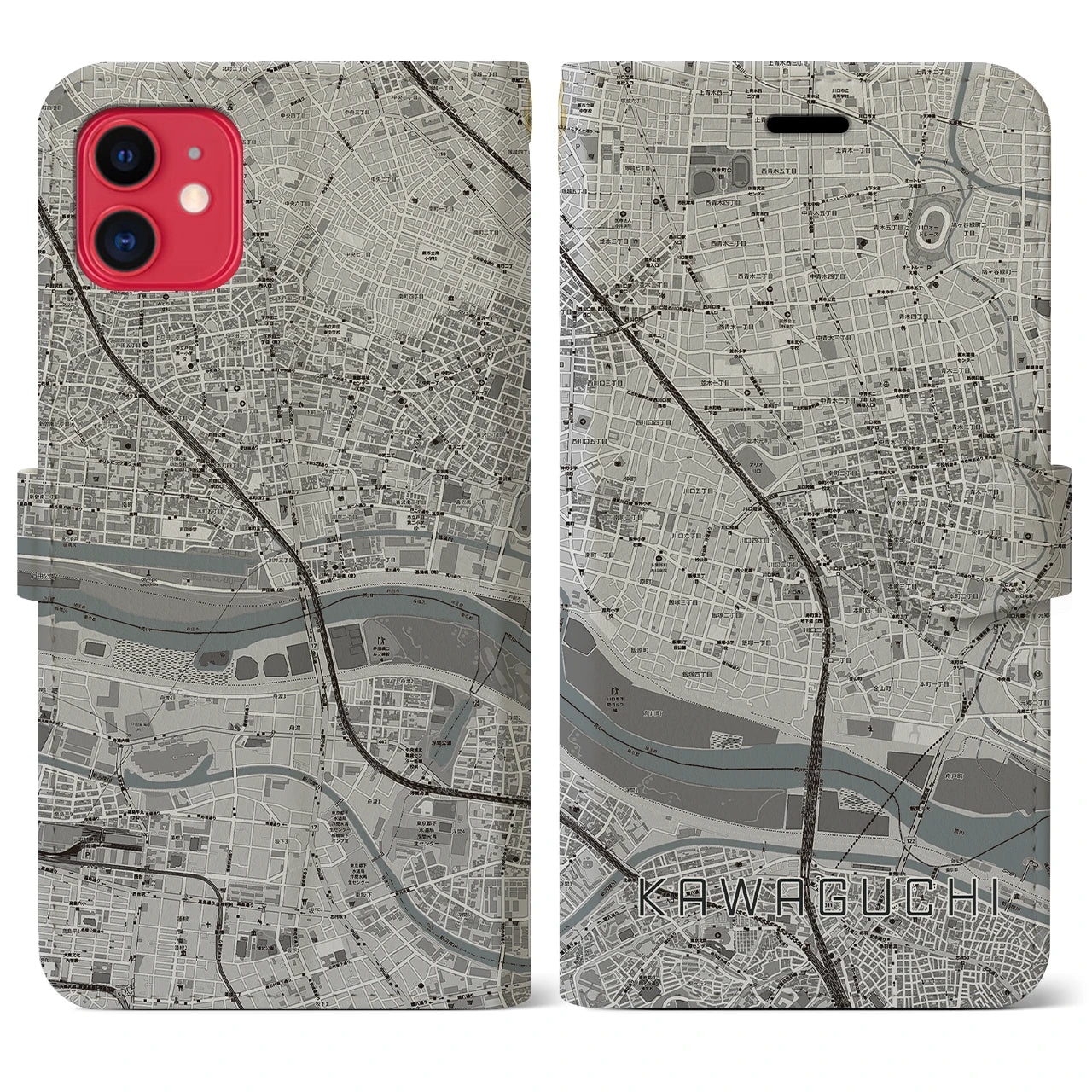 【川口(埼玉県)】地図柄iPhoneケース(手帳タイプ)モノトーン・iPhone 11 用