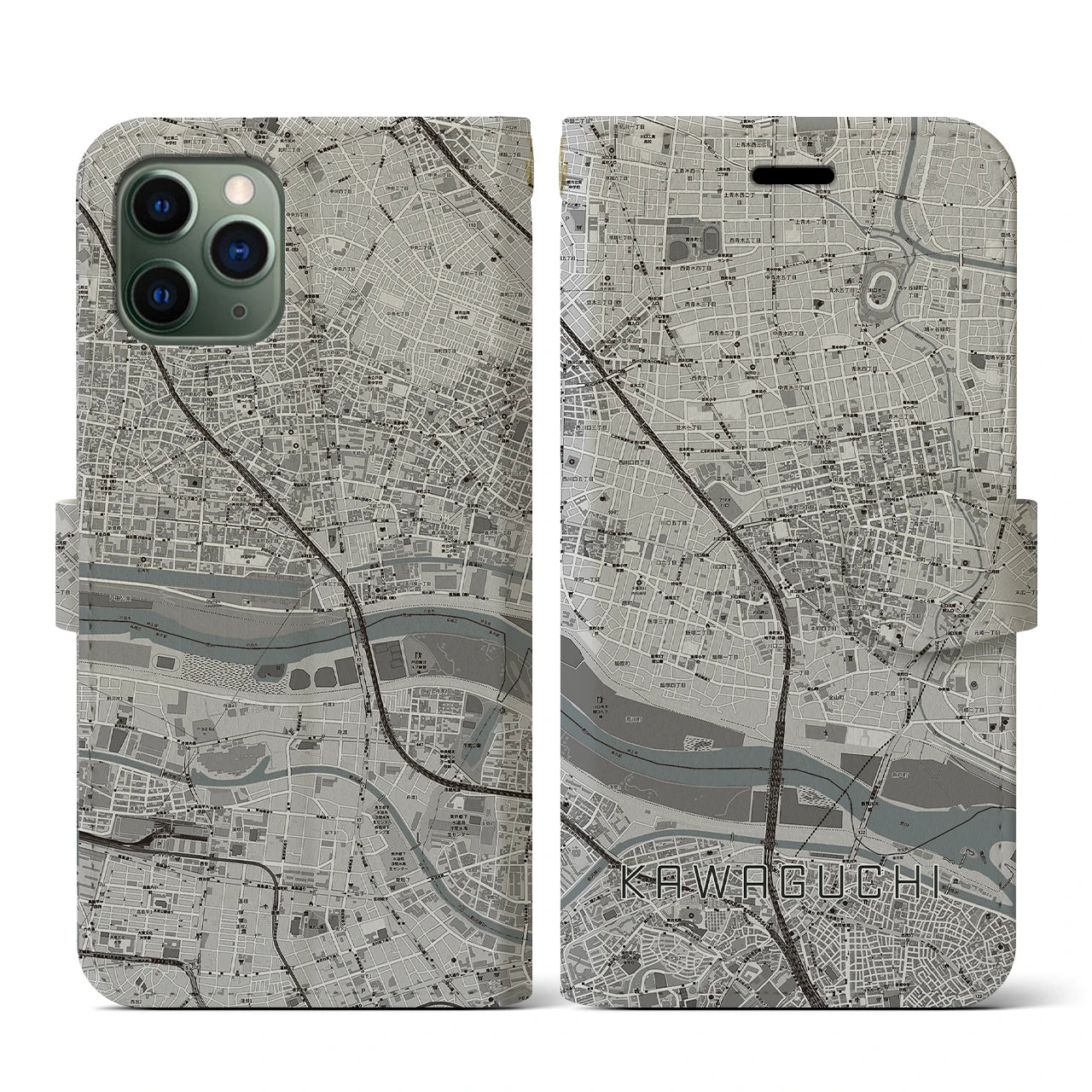 【川口(埼玉県)】地図柄iPhoneケース(手帳タイプ)モノトーン・iPhone 11 Pro 用