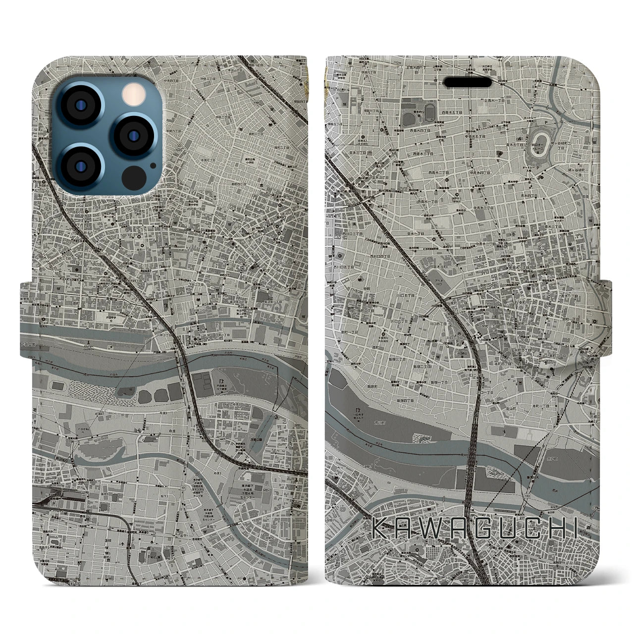 【川口(埼玉県)】地図柄iPhoneケース(手帳タイプ)モノトーン・iPhone 12 / 12 Pro 用