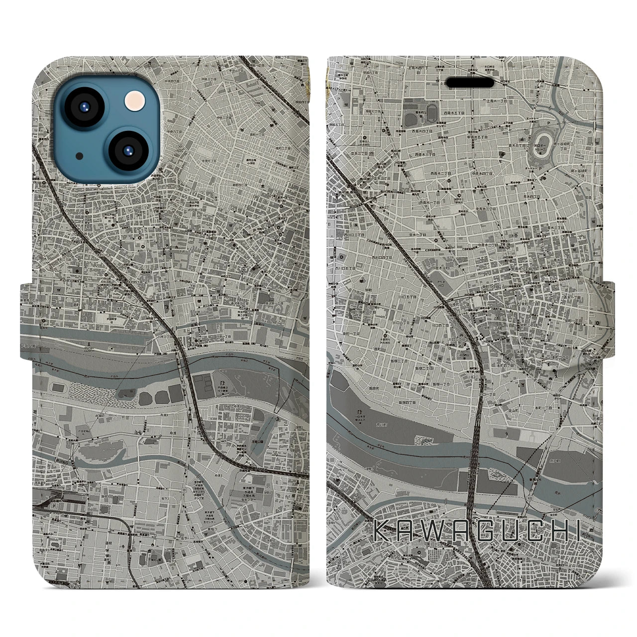 【川口(埼玉県)】地図柄iPhoneケース(手帳タイプ)モノトーン・iPhone 13 用