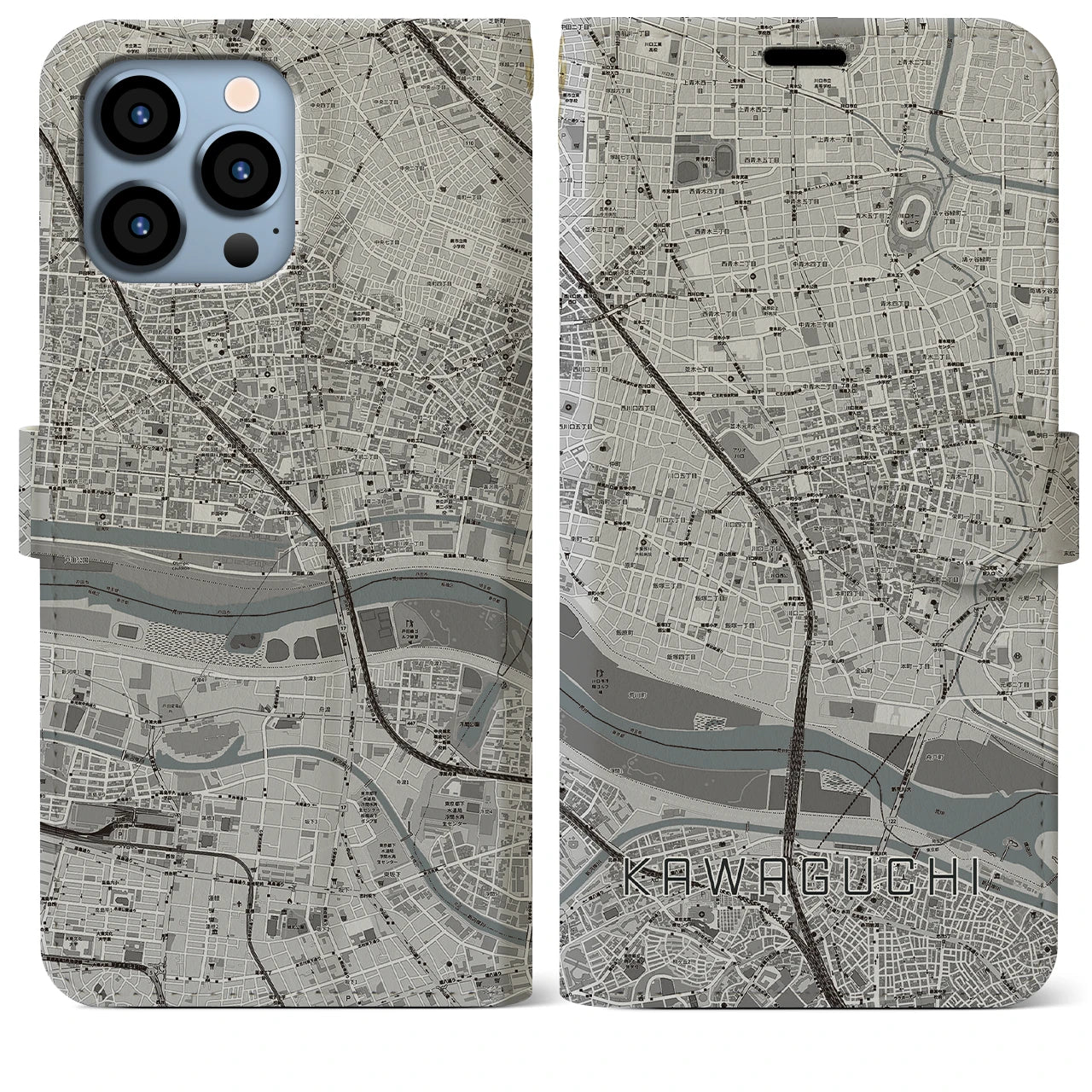 【川口(埼玉県)】地図柄iPhoneケース(手帳タイプ)モノトーン・iPhone 13 Pro Max 用