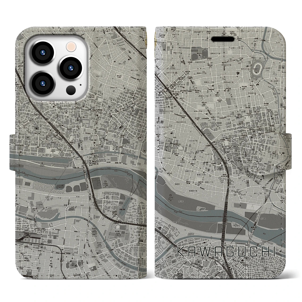 【川口(埼玉県)】地図柄iPhoneケース(手帳タイプ)モノトーン・iPhone 13 Pro 用