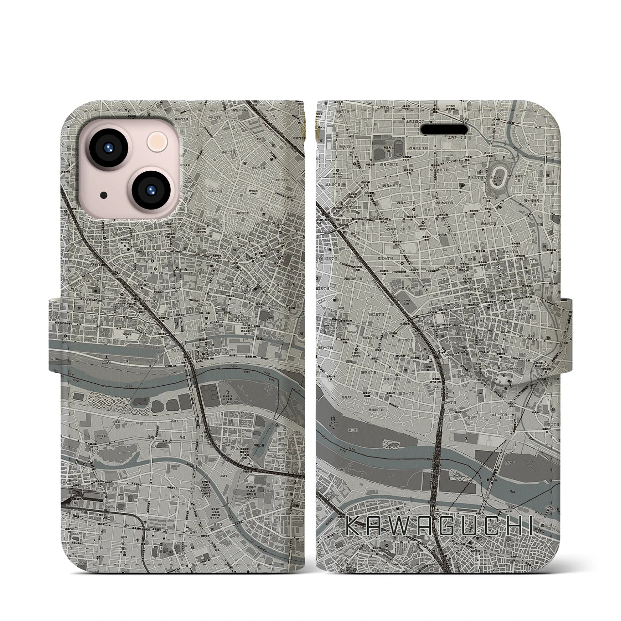 【川口(埼玉県)】地図柄iPhoneケース(手帳タイプ)モノトーン・iPhone 13 mini 用
