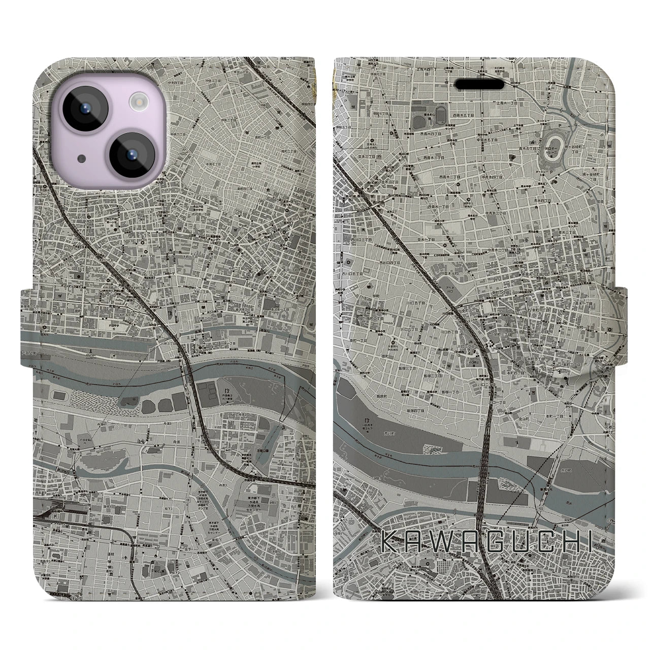 【川口(埼玉県)】地図柄iPhoneケース(手帳タイプ)モノトーン・iPhone 14 用