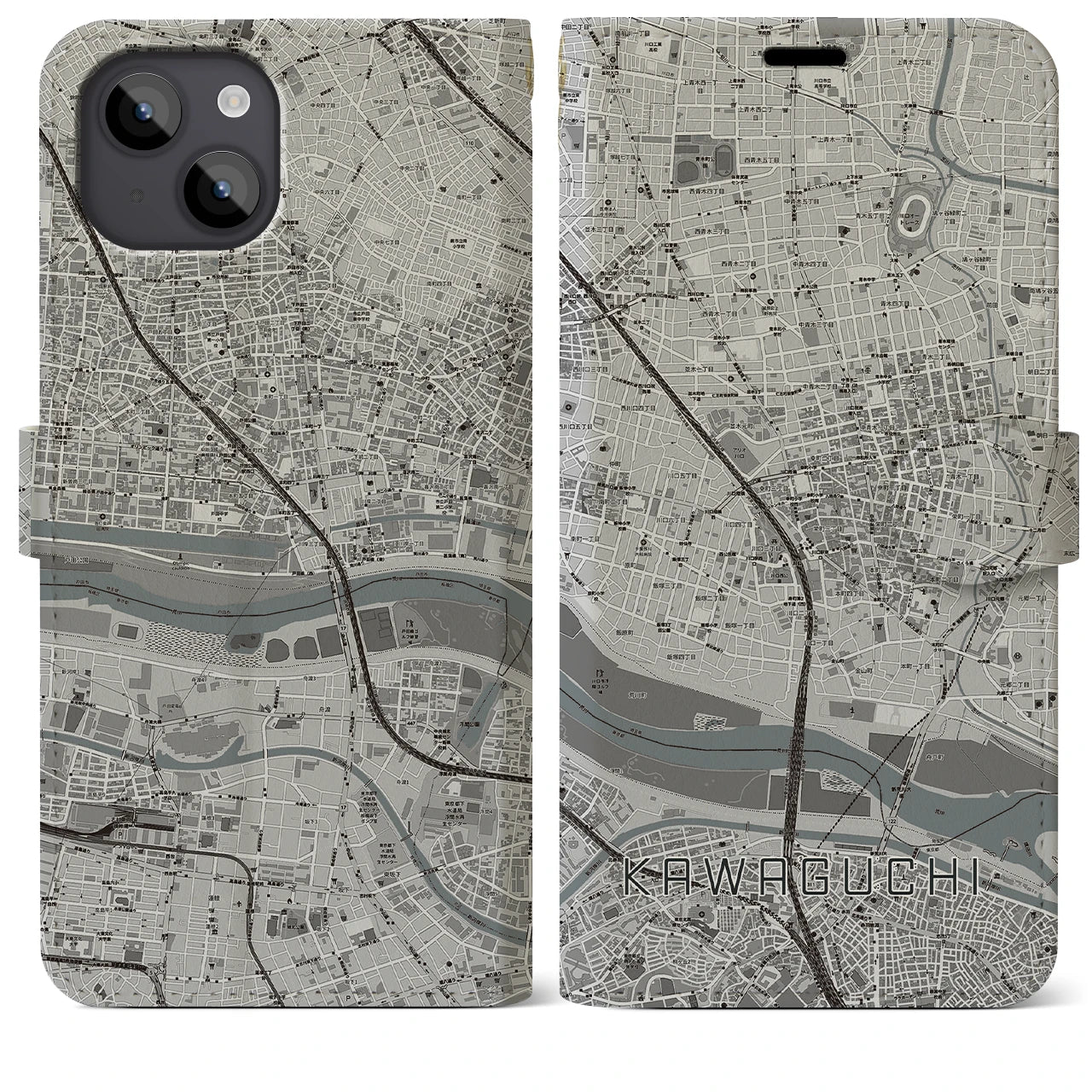 【川口(埼玉県)】地図柄iPhoneケース(手帳タイプ)モノトーン・iPhone 14 Plus 用