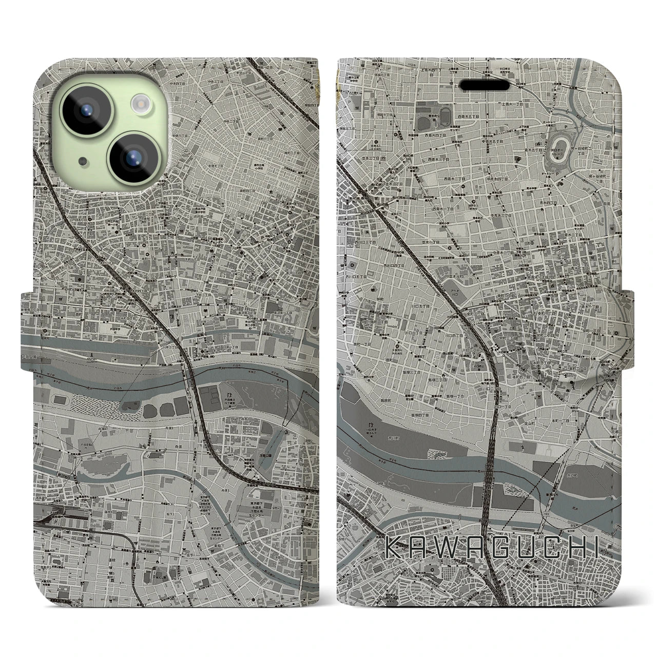 【川口(埼玉県)】地図柄iPhoneケース(手帳タイプ)モノトーン・iPhone 15 用