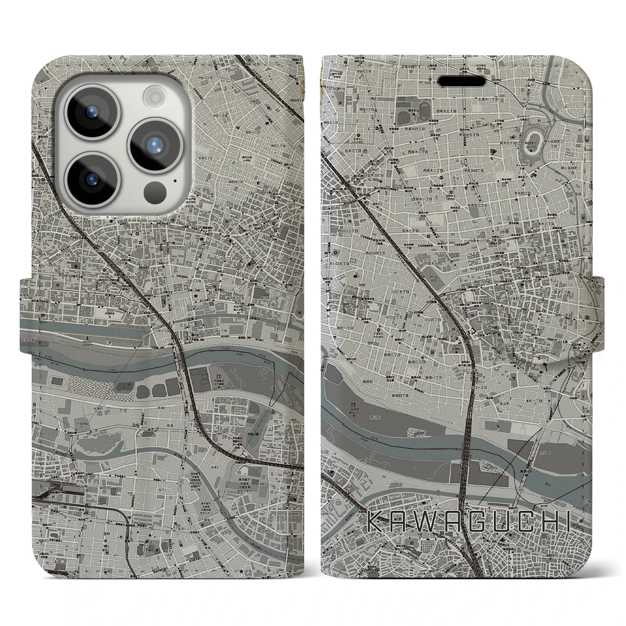 【川口(埼玉県)】地図柄iPhoneケース(手帳タイプ)モノトーン・iPhone 15 Pro 用
