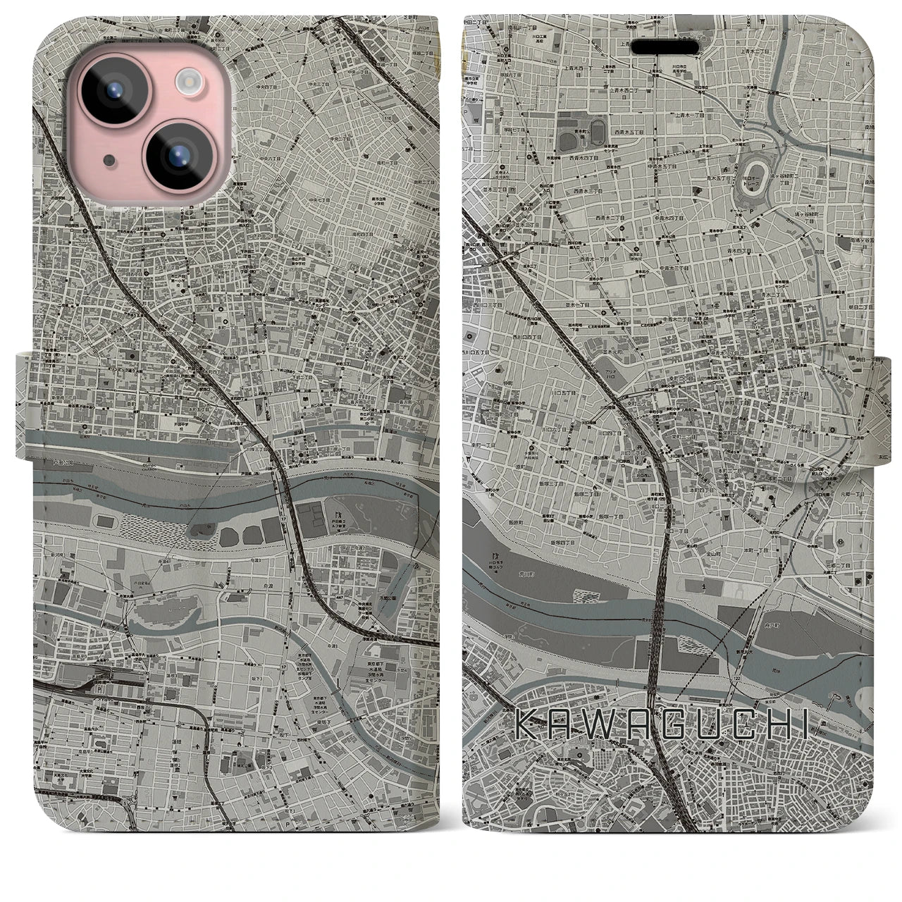 【川口(埼玉県)】地図柄iPhoneケース(手帳タイプ)モノトーン・iPhone 15 Plus 用