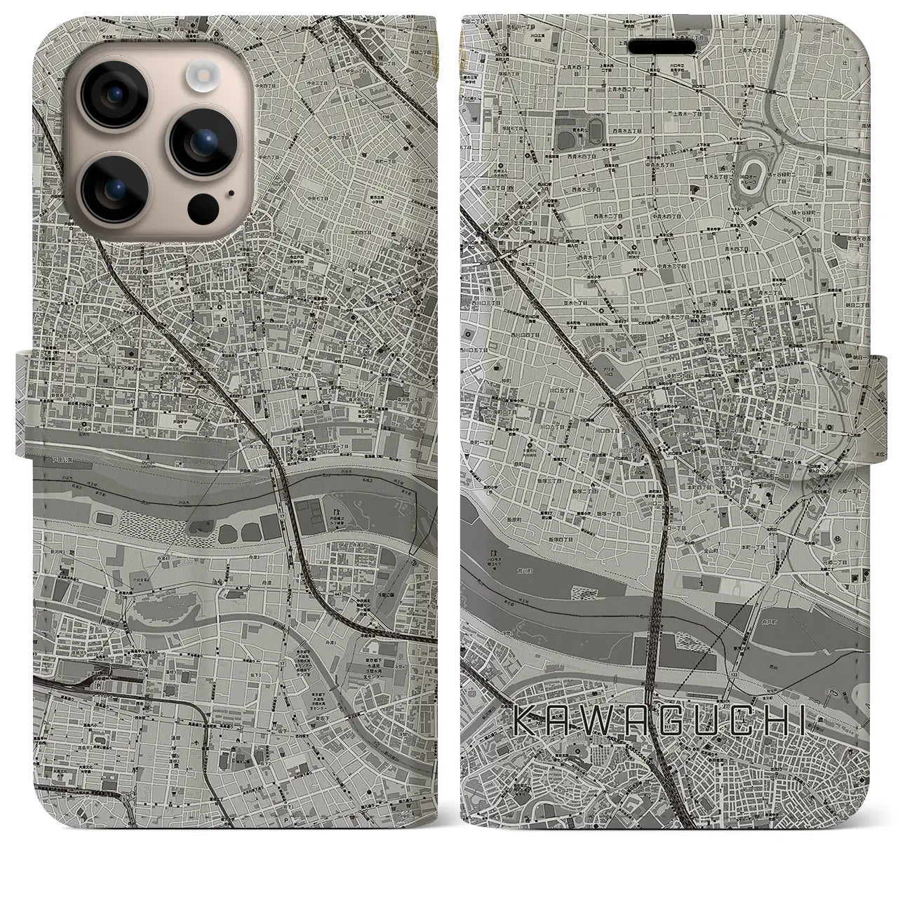 【川口(埼玉県)】地図柄iPhoneケース(手帳タイプ)モノトーン・iPhone 16 Plus 用