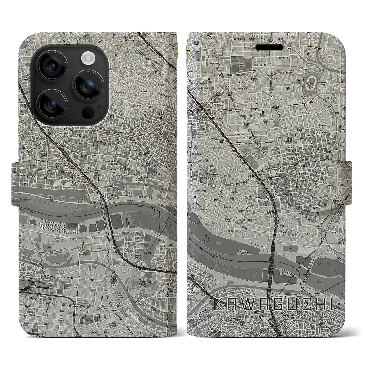 【川口(埼玉県)】地図柄iPhoneケース(手帳タイプ)モノトーン・iPhone 16 用