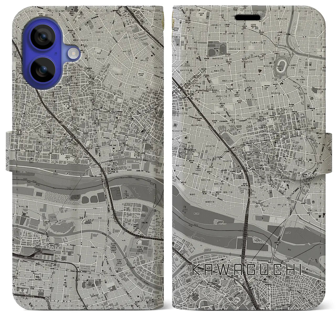 【川口(埼玉県)】地図柄iPhoneケース(手帳タイプ)モノトーン・iPhone 16 Pro Max 用