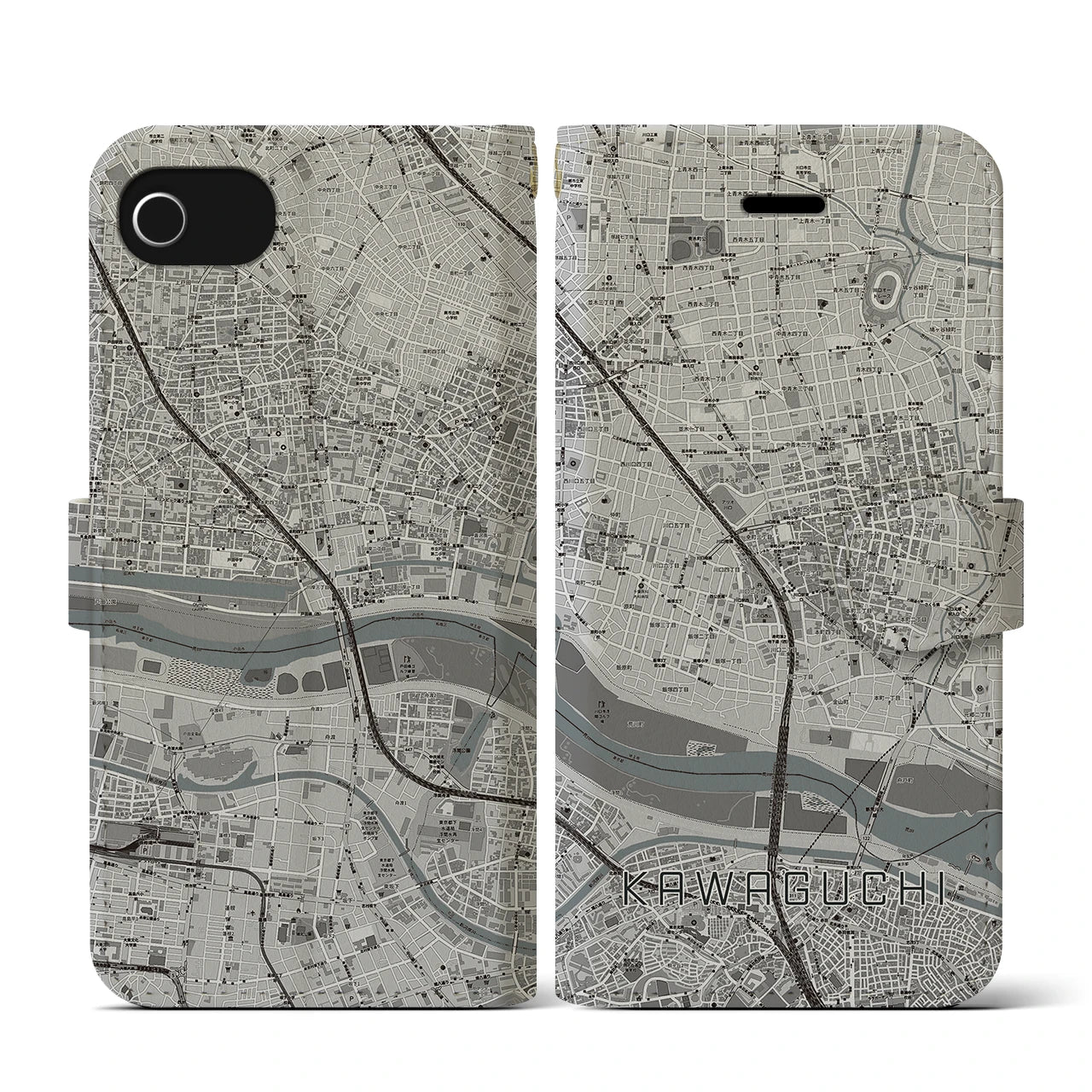 【川口(埼玉県)】地図柄iPhoneケース(手帳タイプ)モノトーン・iPhone SE(第3 / 第2世代) / 8 / 7 / 6s / 6 用