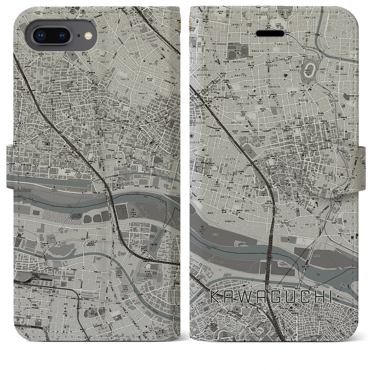 【川口(埼玉県)】地図柄iPhoneケース(手帳タイプ)モノトーン・iPhone 8Plus /7Plus / 6sPlus / 6Plus 用