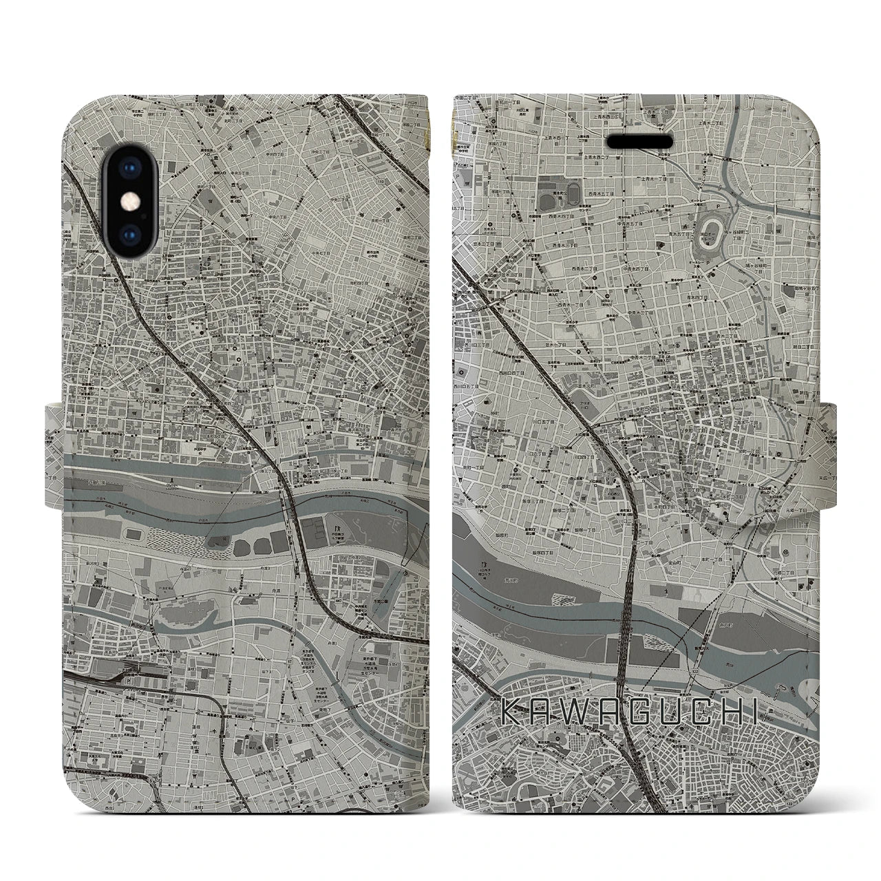 【川口(埼玉県)】地図柄iPhoneケース(手帳タイプ)モノトーン・iPhone XS / X 用