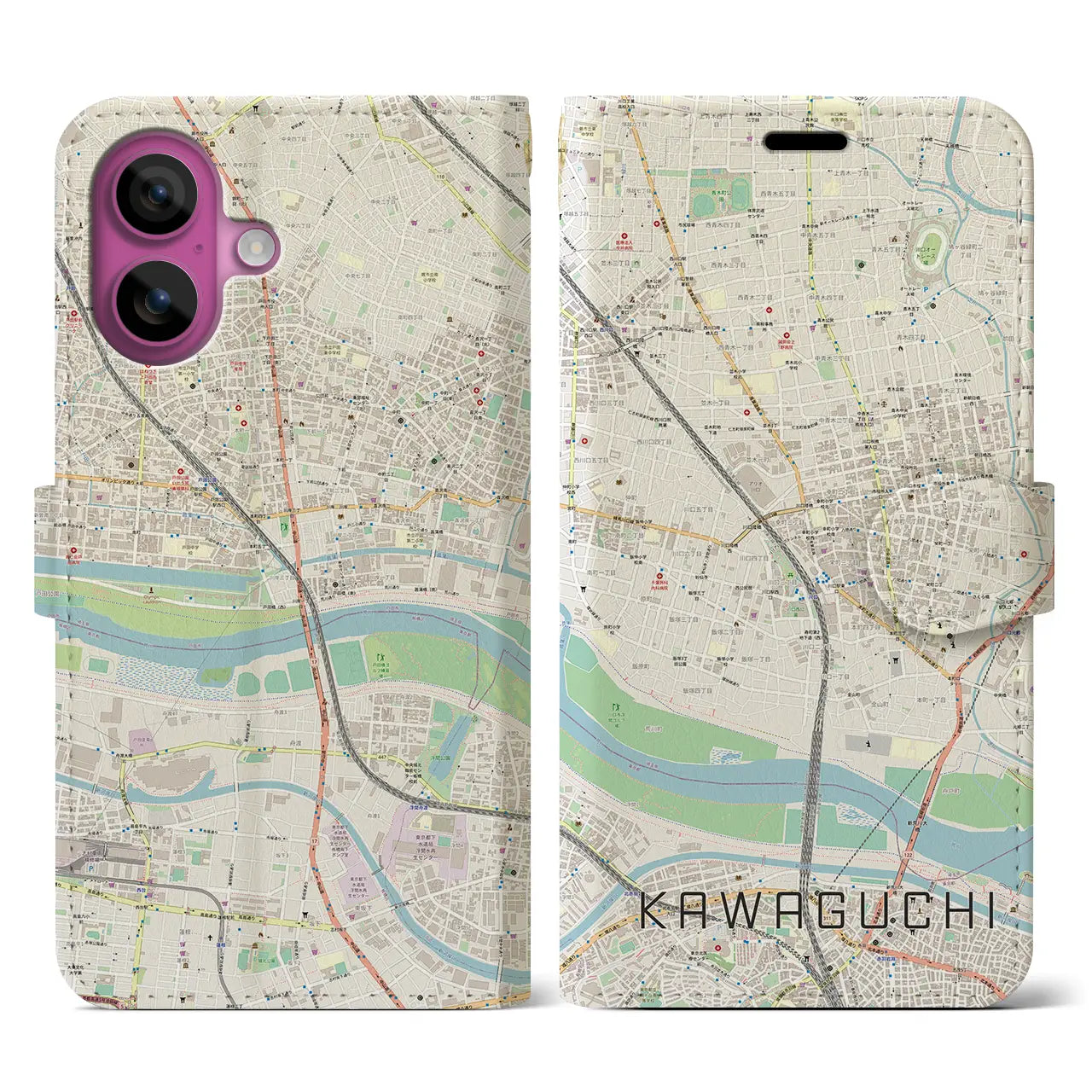 【川口(埼玉県)】地図柄iPhoneケース(手帳タイプ)ナチュラル・iPhone 16 Pro 用