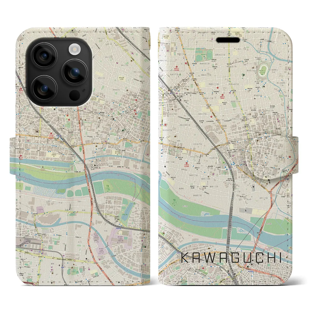 【川口(埼玉県)】地図柄iPhoneケース(手帳タイプ)ナチュラル・iPhone 16 用
