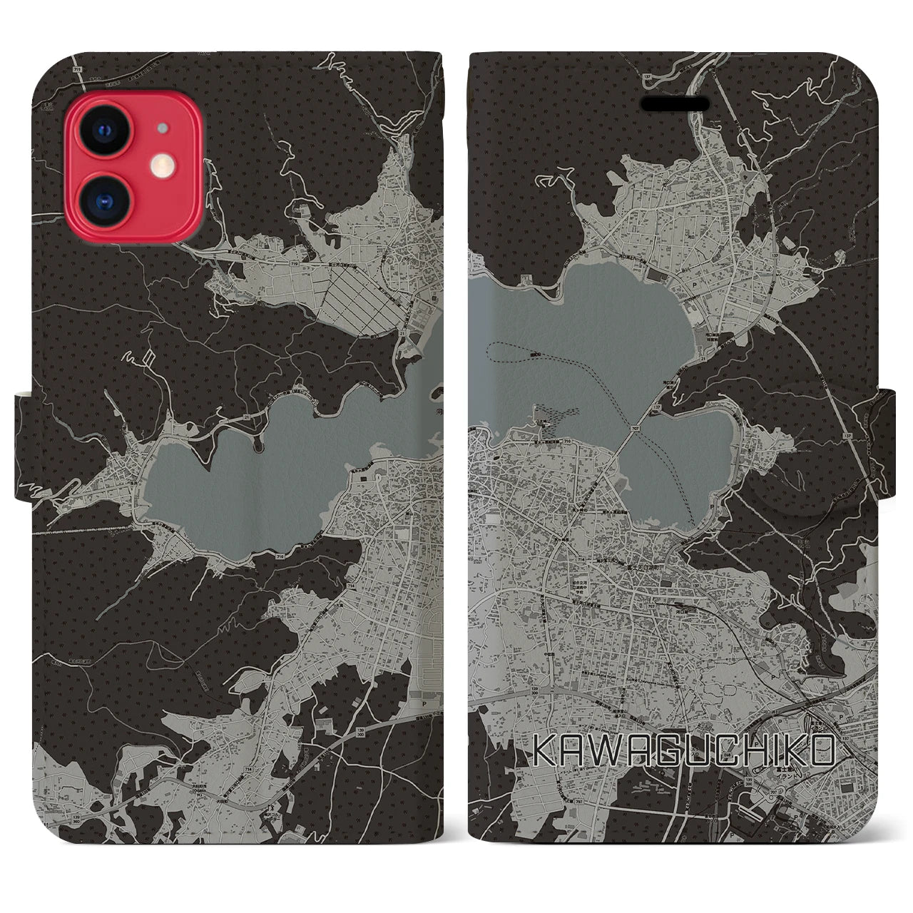 【河口湖(山梨県)】地図柄iPhoneケース(手帳タイプ)モノトーン・iPhone 11 用