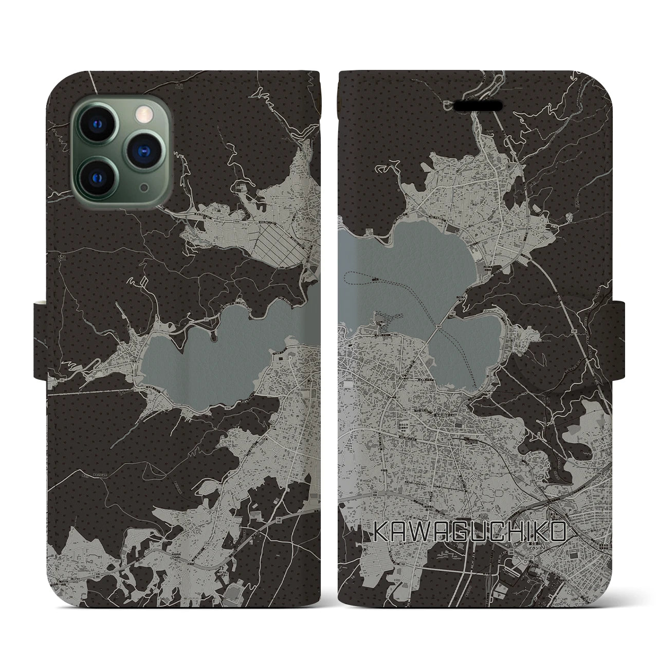 【河口湖(山梨県)】地図柄iPhoneケース(手帳タイプ)モノトーン・iPhone 11 Pro 用