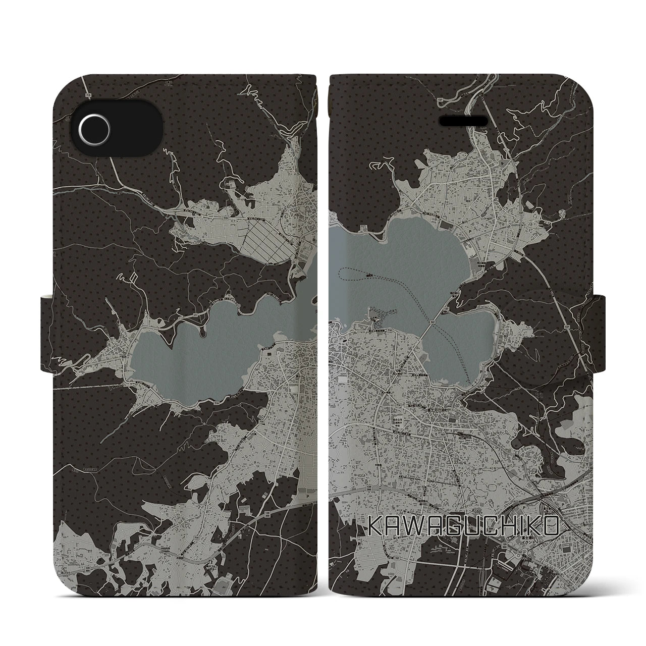 【河口湖(山梨県)】地図柄iPhoneケース(手帳タイプ)モノトーン・iPhone SE(第3 / 第2世代) / 8 / 7 / 6s / 6 用