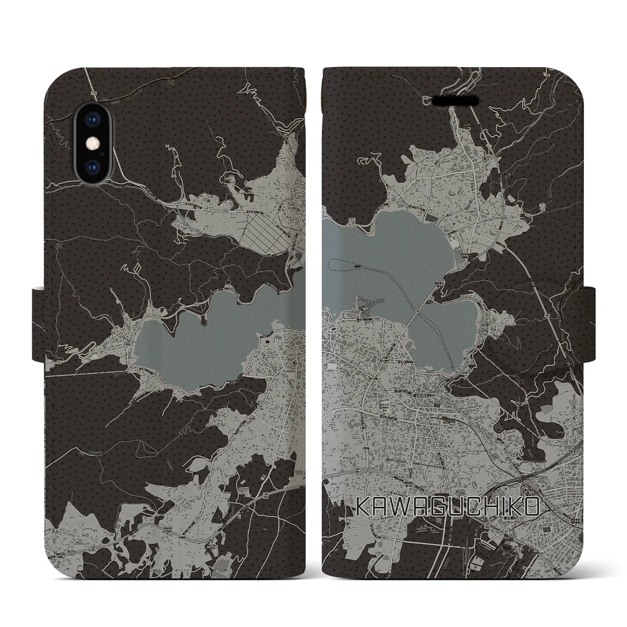 【河口湖(山梨県)】地図柄iPhoneケース(手帳タイプ)モノトーン・iPhone XS / X 用