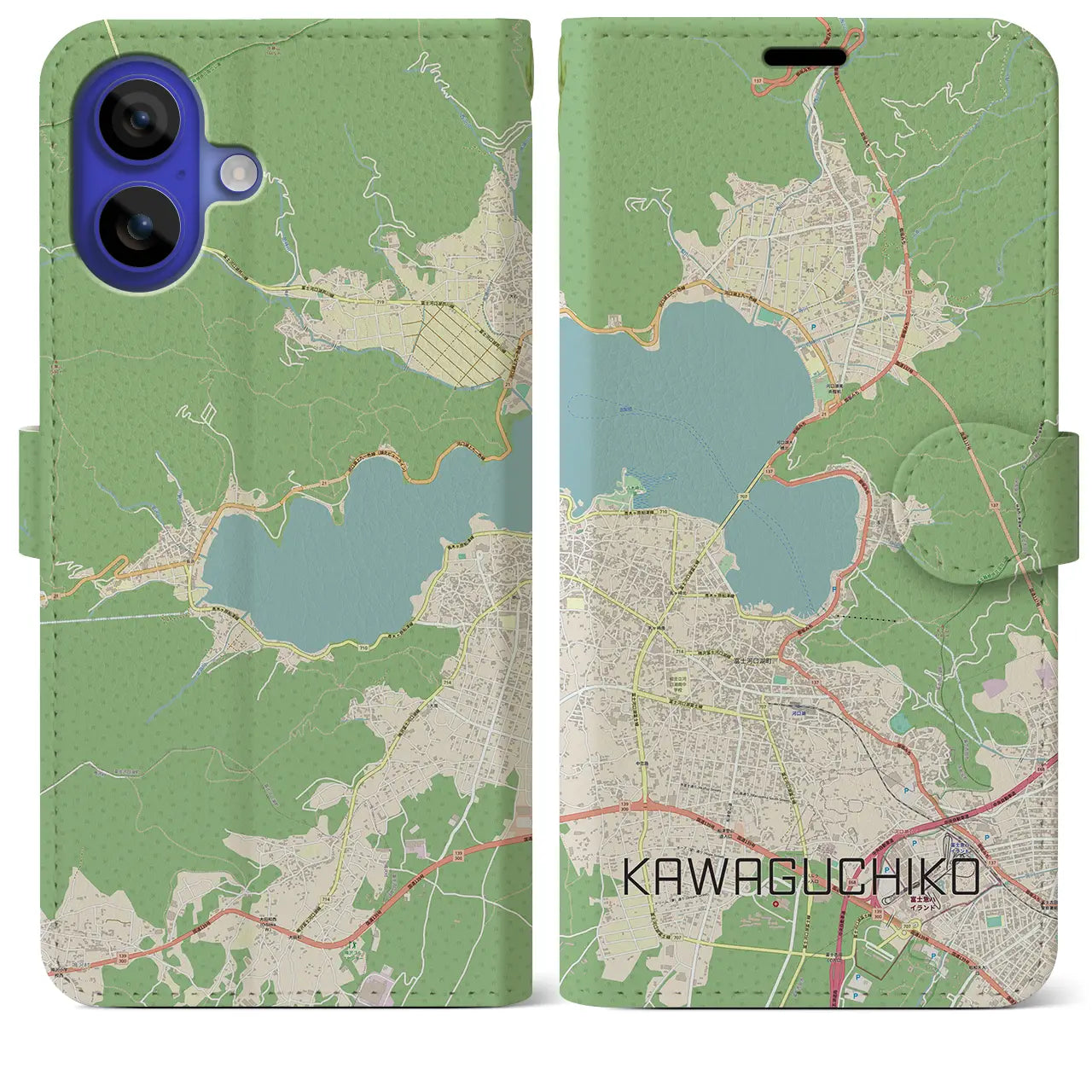 【河口湖(山梨県)】地図柄iPhoneケース(手帳タイプ)ナチュラル・iPhone 16 Pro Max 用