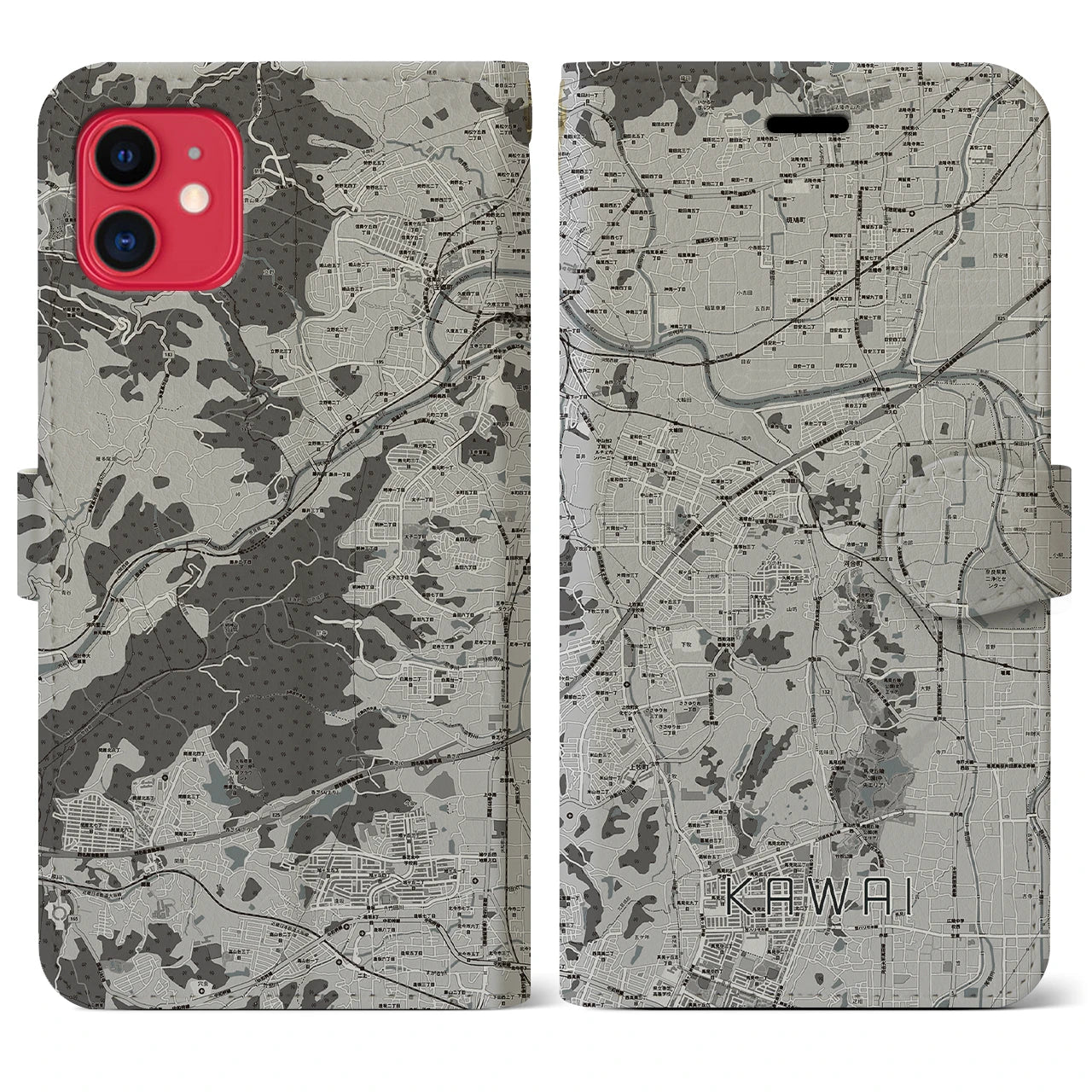 【河合(奈良県)】地図柄iPhoneケース(手帳タイプ)モノトーン・iPhone 11 用