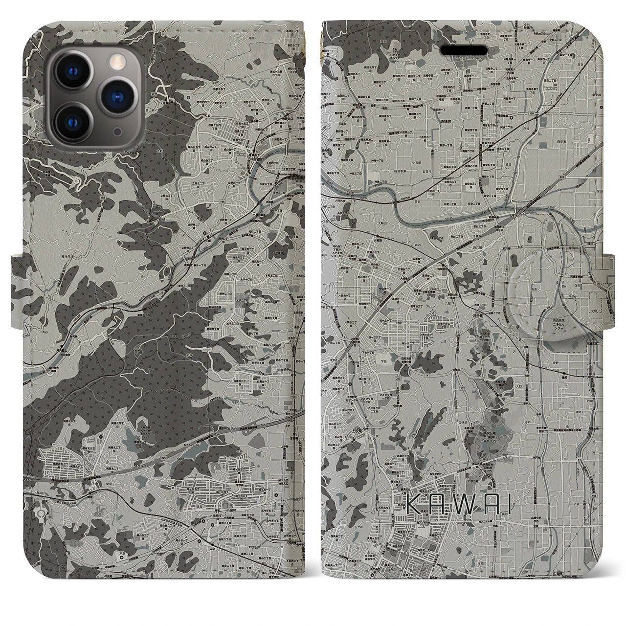 【河合(奈良県)】地図柄iPhoneケース(手帳タイプ)モノトーン・iPhone 11 Pro Max 用