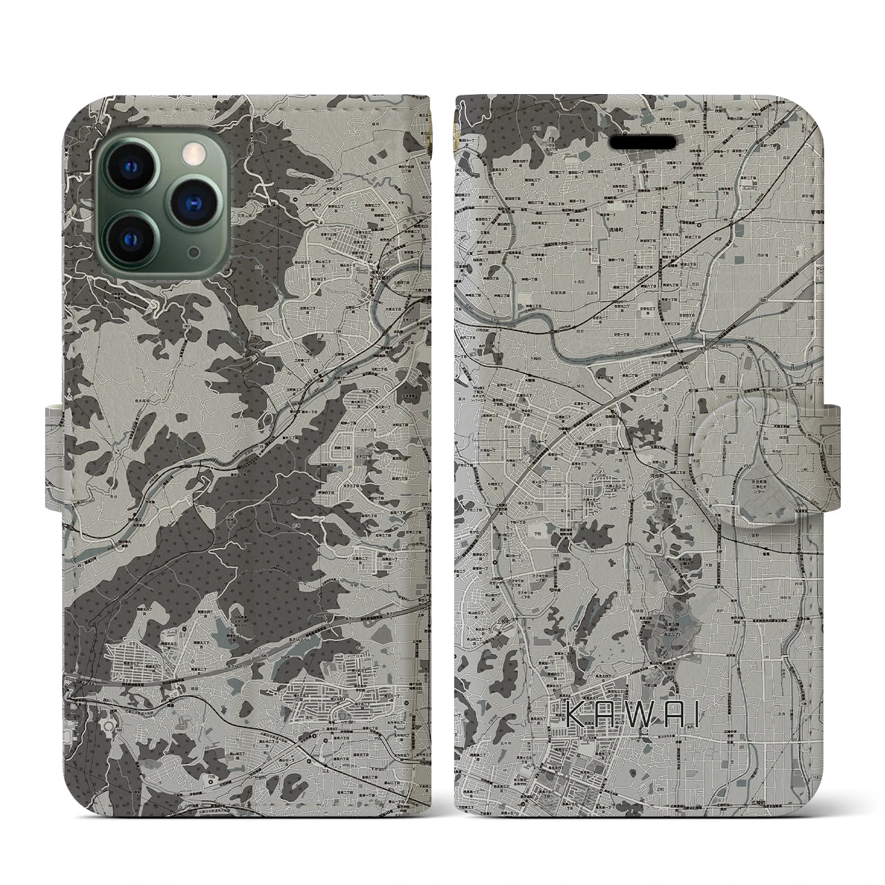 【河合(奈良県)】地図柄iPhoneケース(手帳タイプ)モノトーン・iPhone 11 Pro 用