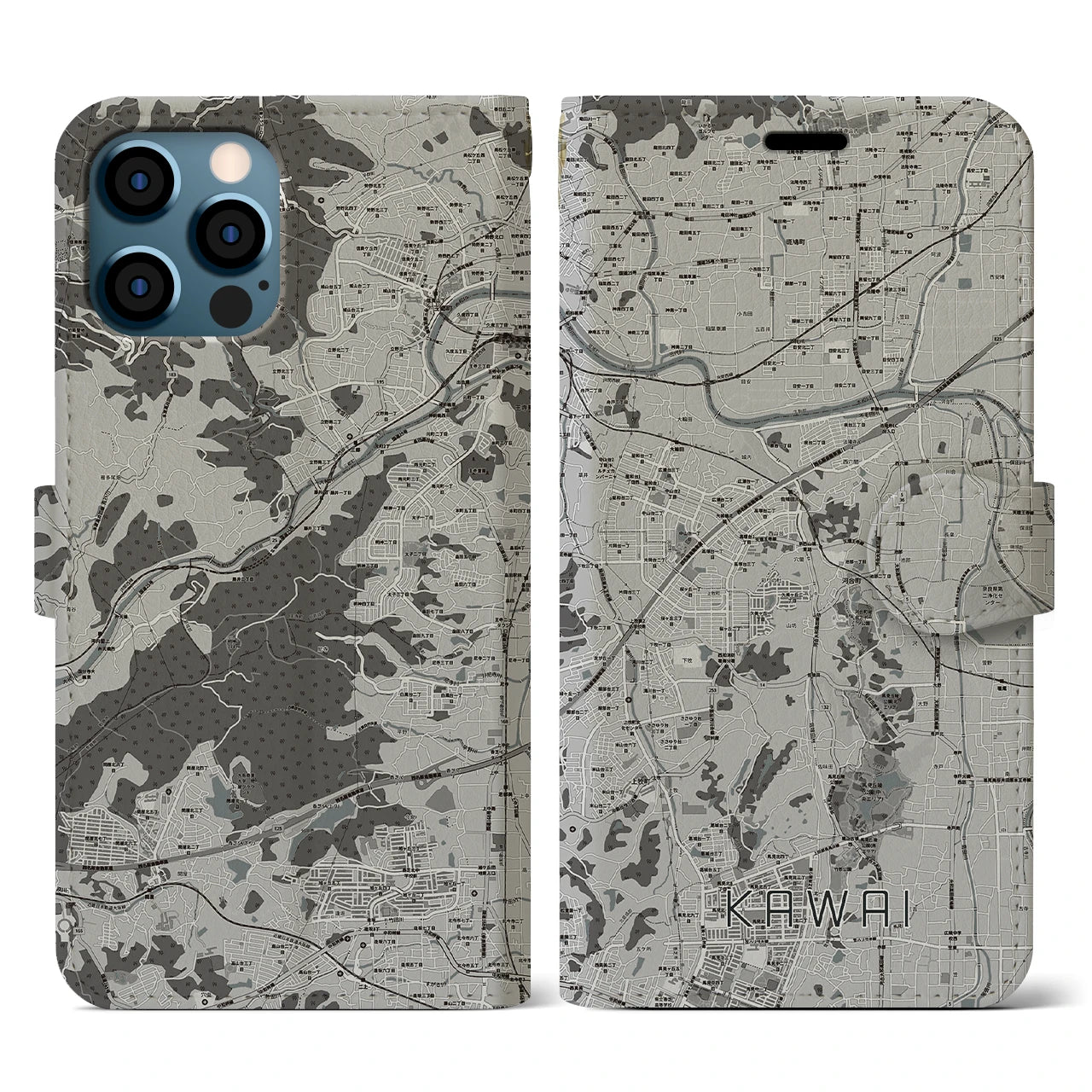 【河合(奈良県)】地図柄iPhoneケース(手帳タイプ)モノトーン・iPhone 12 / 12 Pro 用