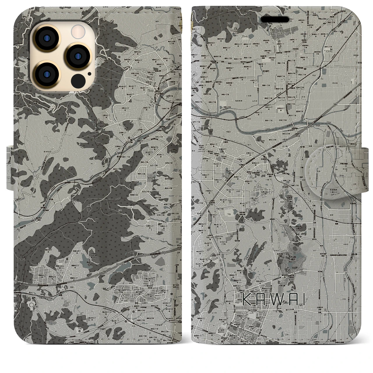 【河合(奈良県)】地図柄iPhoneケース(手帳タイプ)モノトーン・iPhone 12 Pro Max 用