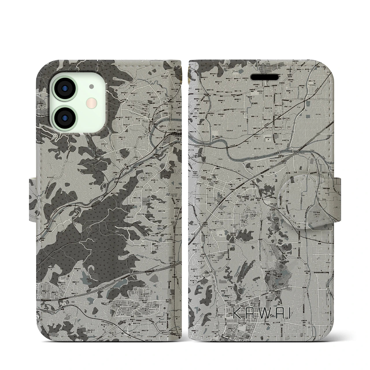 【河合(奈良県)】地図柄iPhoneケース(手帳タイプ)モノトーン・iPhone 12 mini 用