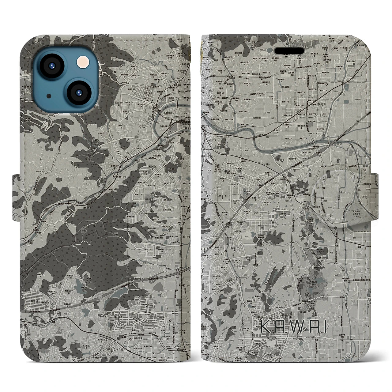 【河合(奈良県)】地図柄iPhoneケース(手帳タイプ)モノトーン・iPhone 13 用