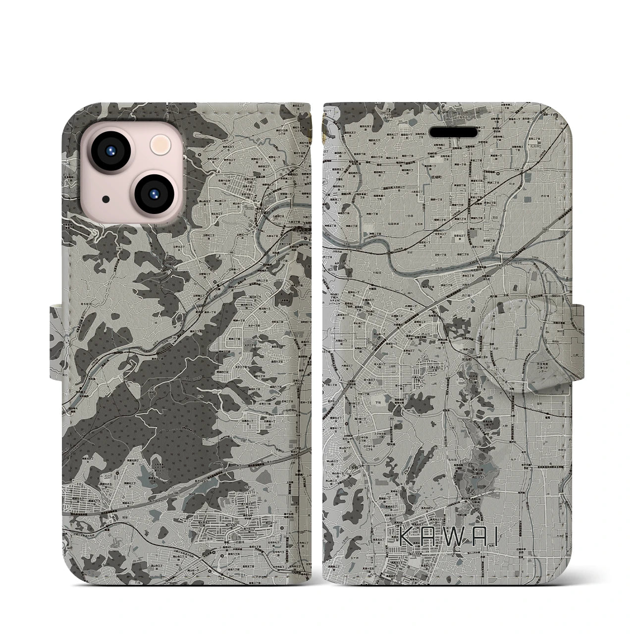 【河合(奈良県)】地図柄iPhoneケース(手帳タイプ)モノトーン・iPhone 13 mini 用