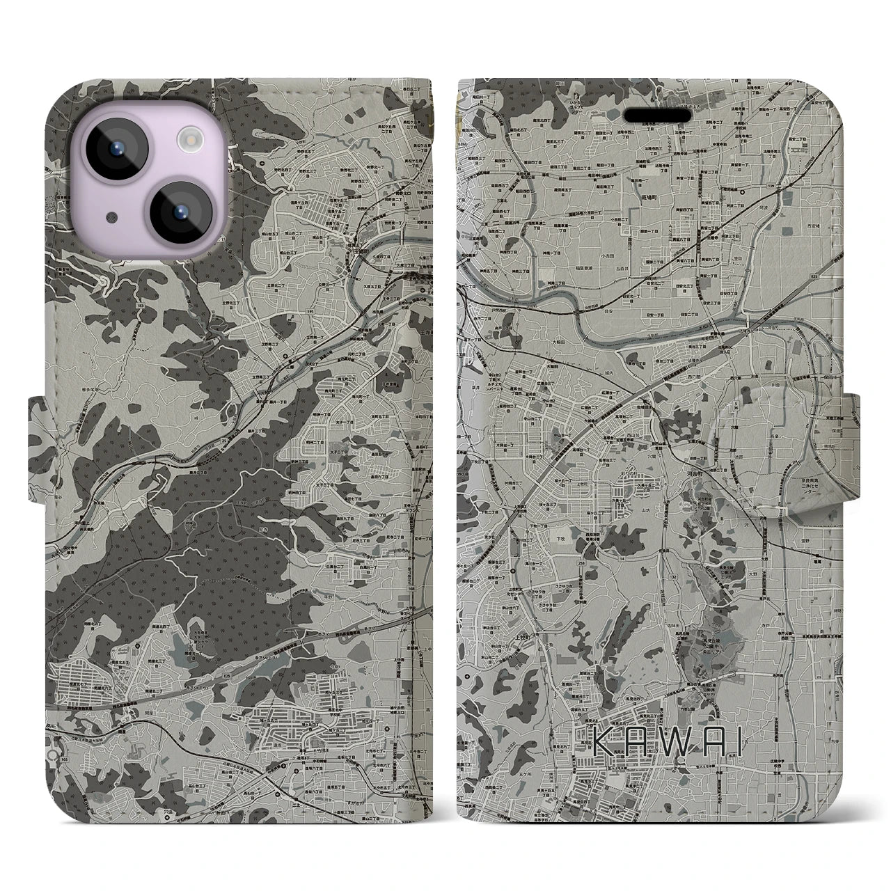 【河合(奈良県)】地図柄iPhoneケース(手帳タイプ)モノトーン・iPhone 14 用