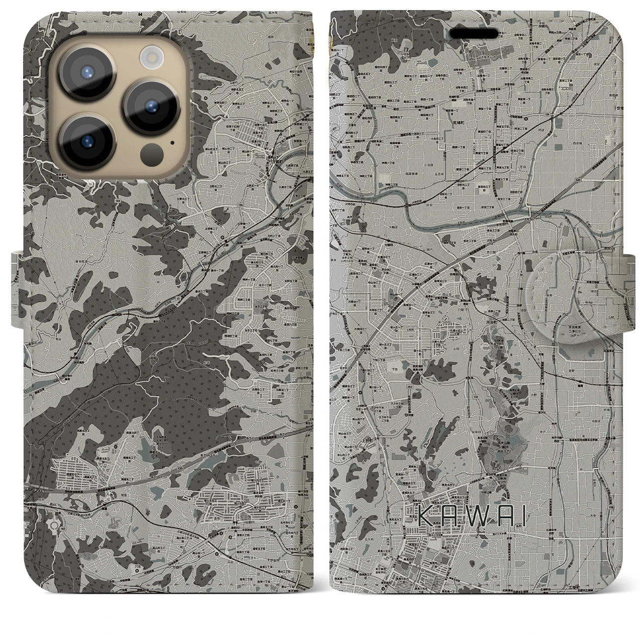 【河合(奈良県)】地図柄iPhoneケース(手帳タイプ)モノトーン・iPhone 14 Pro Max 用