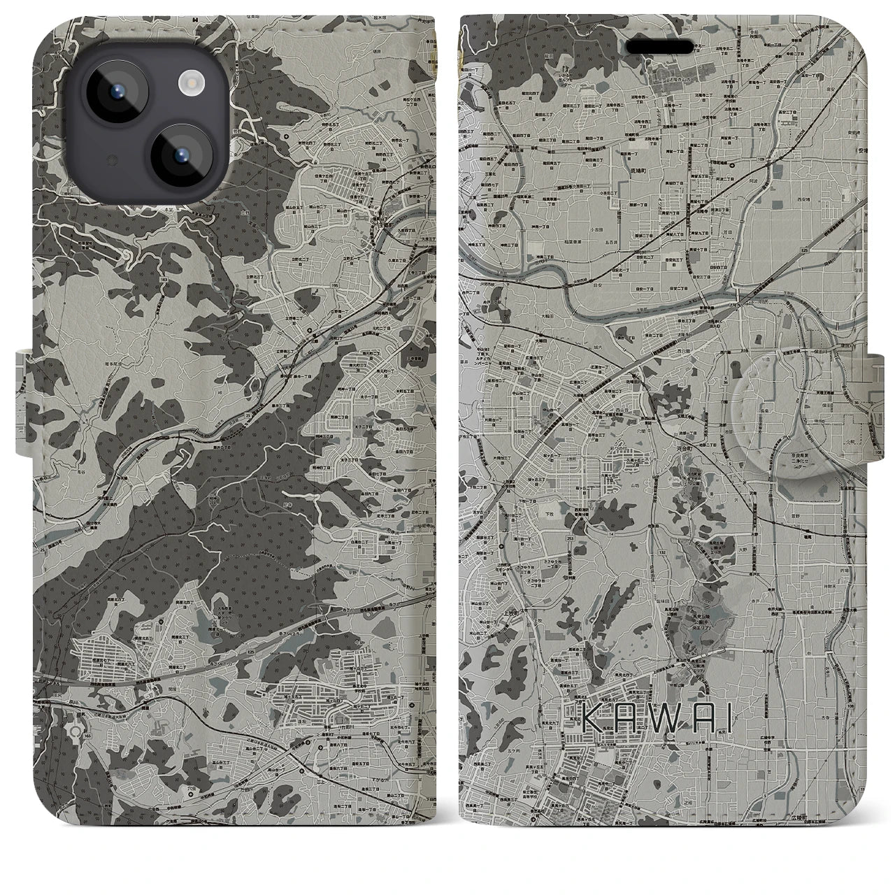 【河合(奈良県)】地図柄iPhoneケース(手帳タイプ)モノトーン・iPhone 14 Plus 用